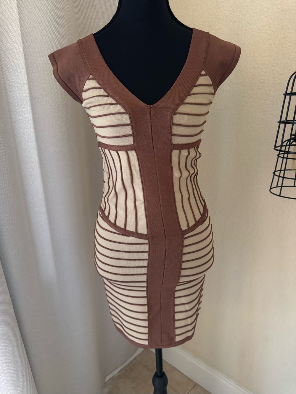 WOW Couture Brown Cream Striped Bodycon Knit Mini Dress S - Picture 2 of 10